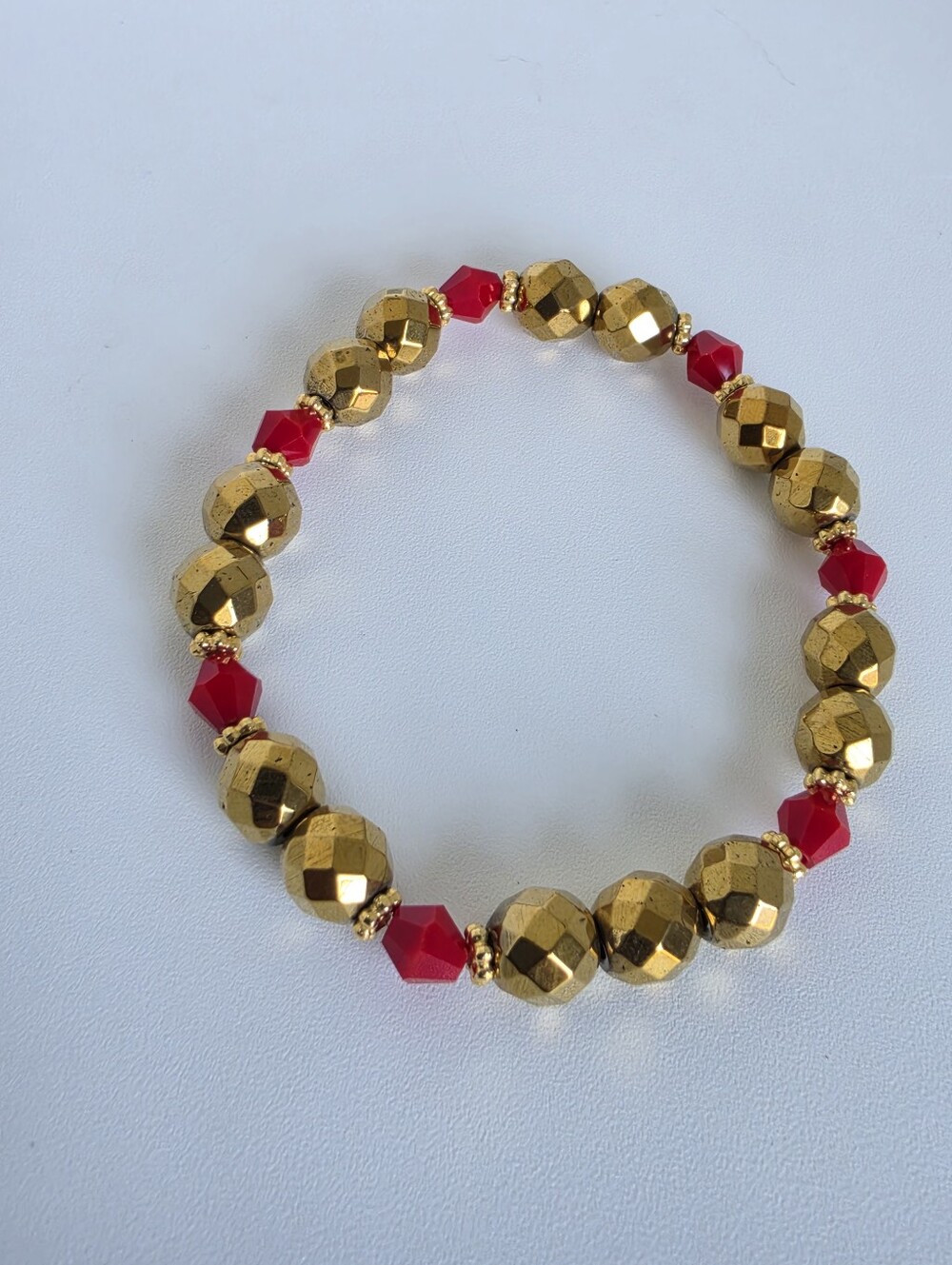 Gold Tone Faceted Hematite & Red Crystal Stretch Bracelet Handmade Boho Chic